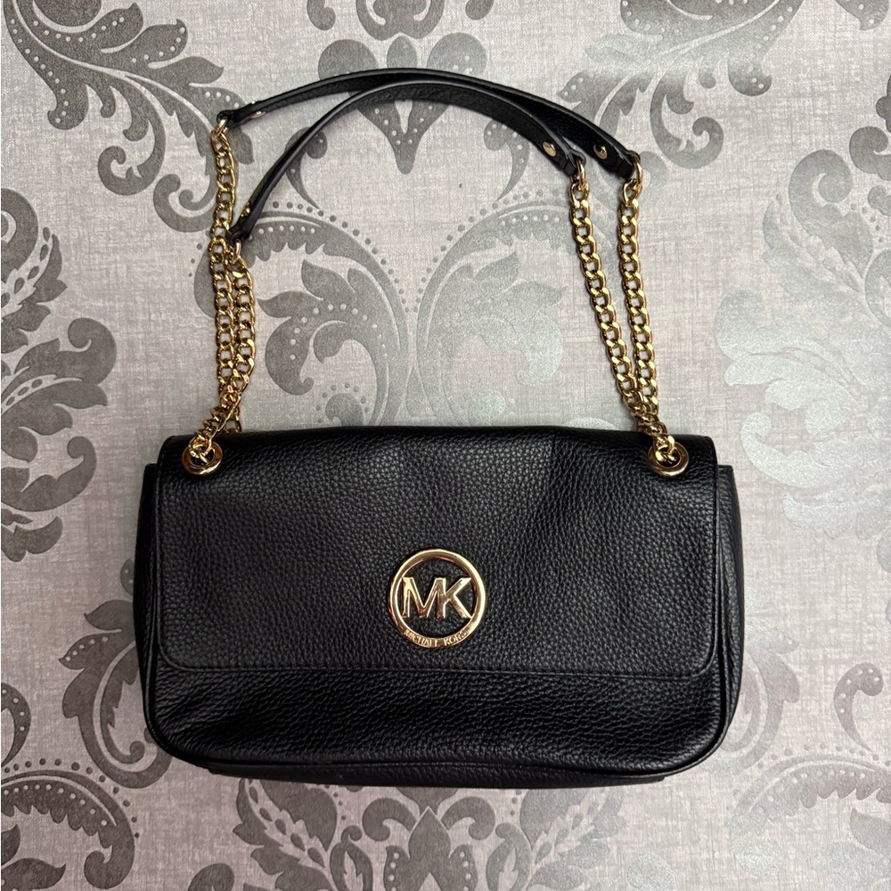 MICHAEL Michael Kors Black Leather Bag with Gold Accents